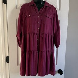 Casual Button-Down Tunic Shirt Dress - Burgundy